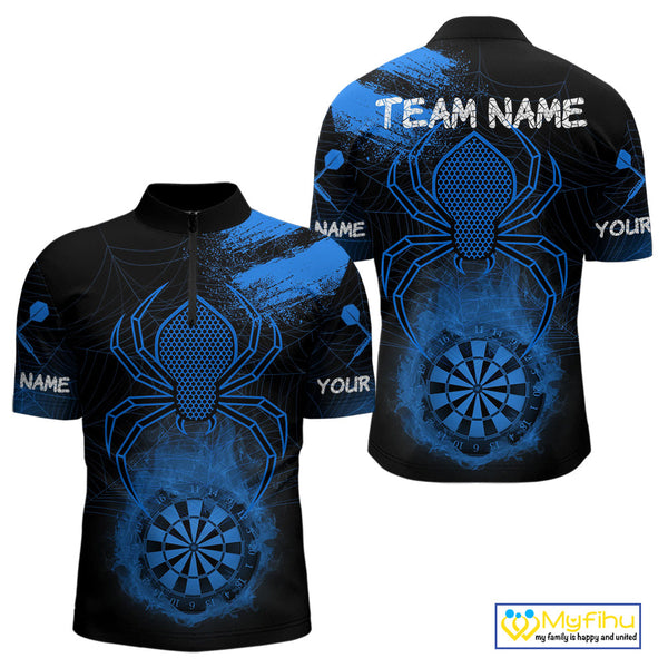 Custom Blue Smoke Flame Spider Dart Team Men Quarter-Zip Shirt, Halloween Dart Outfit NYN0468