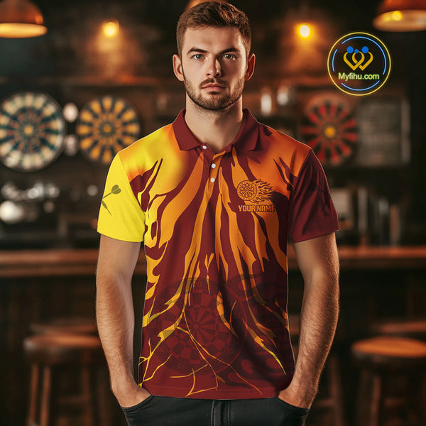 Custom Brown And Orange Flame Darboard Dart Team Polo Shirts For Men, Dart Jerseys NYN0232
