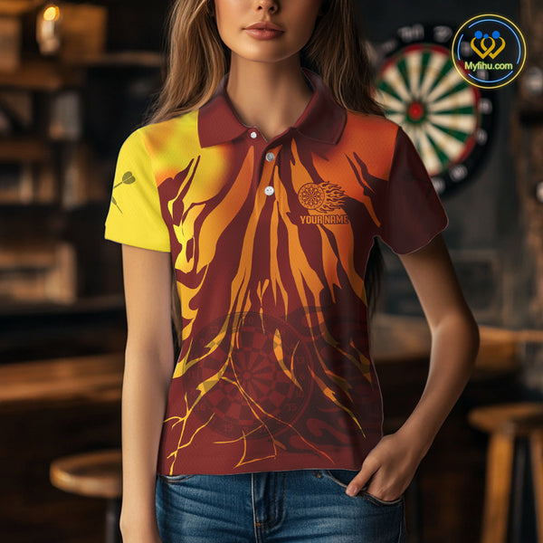Custom Brown And Orange Flame Darboard Dart Team Polo Shirts For Women, Dart Jerseys NYN0232
