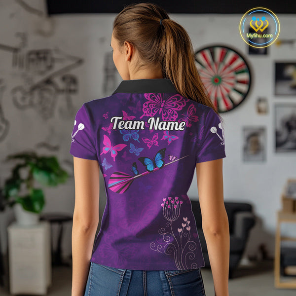 Custom Purple Butterflies Dart Team Polo Shirt For Women, Butterfly Dart Tournament Shirt NYN0476