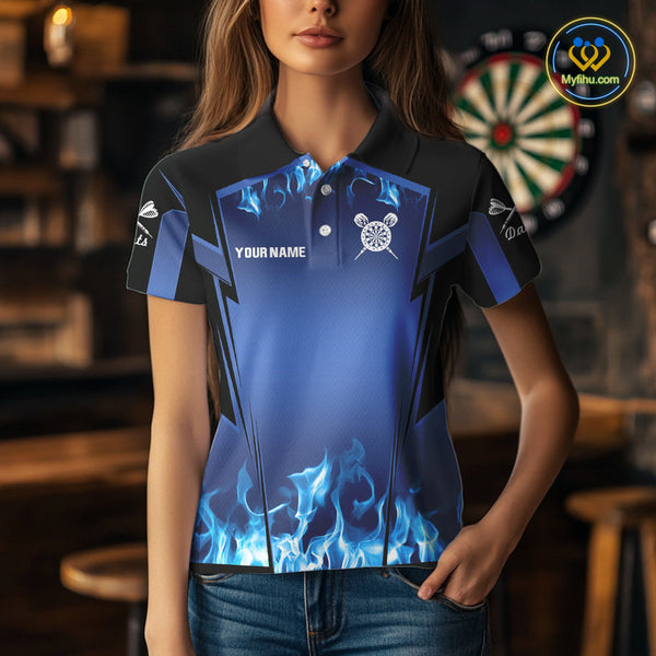 Custom Blue Flame Dartboard Dart Jerseys, Fire Dart Team Women Polo Shirt Dart Outfit NYN0481
