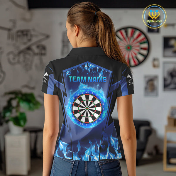Custom Blue Flame Dartboard Dart Jerseys, Fire Dart Team Women Polo Shirt Dart Outfit NYN0481