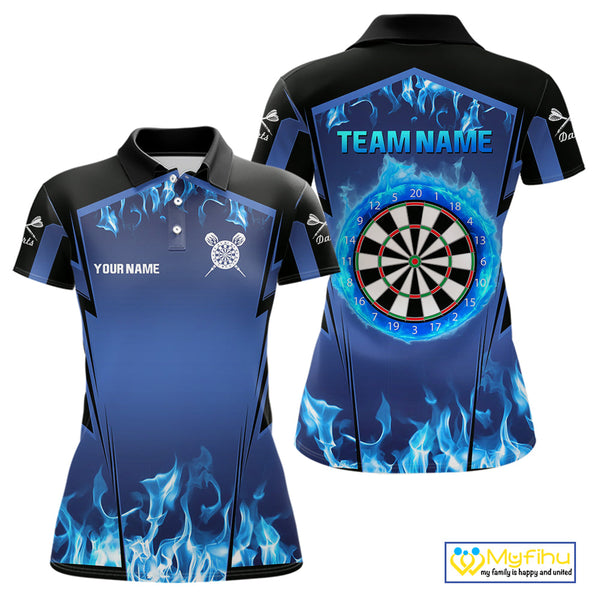 Custom Blue Flame Dartboard Dart Jerseys, Fire Dart Team Women Polo Shirt Dart Outfit NYN0481