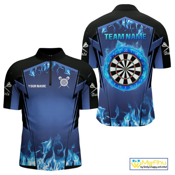 Custom Blue Flame Dartboard Dart Jerseys, Fire Dart Team Men Quarter-Zip Shirt Dart Outfit NYN0481