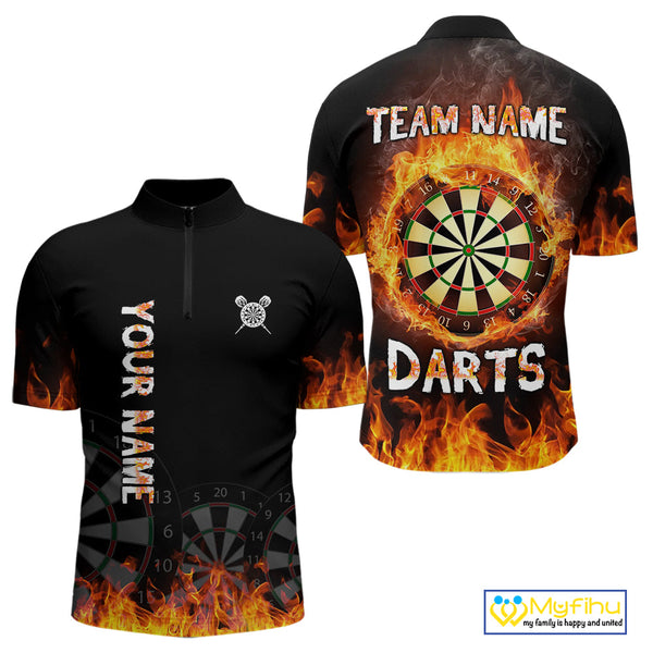 Custom Fire Flame Dartboard Dart Team Men Quarter-Zip Shirts, Dart Tournament Shirt NYN0240