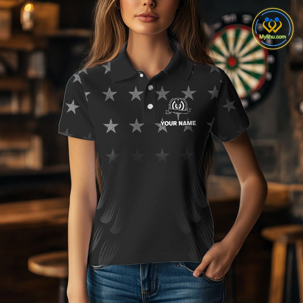 Custom Black And White US Flag Patriotic Dart Polo Shirt For Women, American Dart Shirt NYN0488