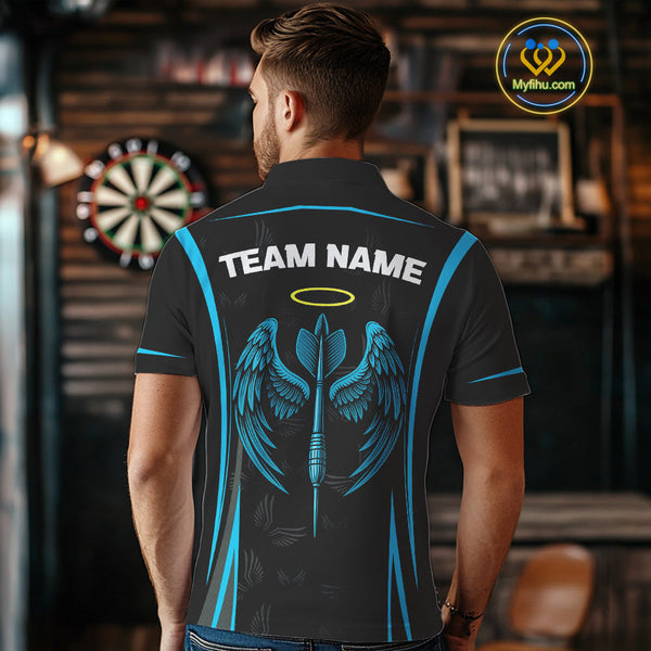 Custom Black And Blue Dart Wings Dart Polo Shirt For Men, Dart League Shirt NYN0495