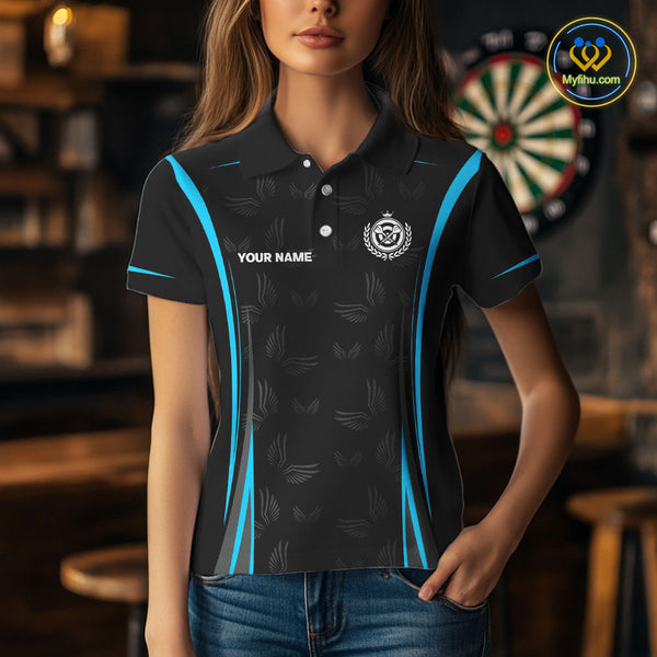 Custom Black And Blue Dart Wings Dart Polo Shirt For Women, Dart League Shirt NYN0495