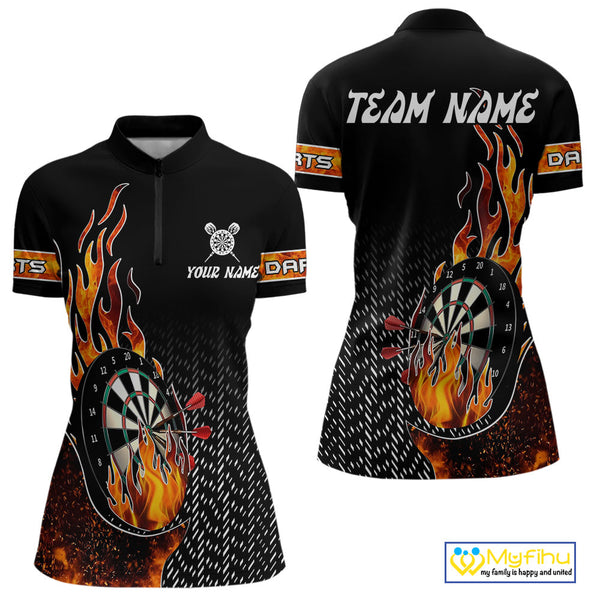 Custom Fire Flame Dartboard Dart Team Quarter-Zip Shirts For Women, Dart League Shirt NYN0253