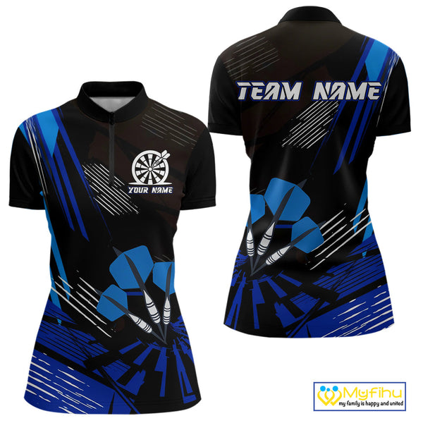 Custom Black And Blue Darts Jerseys, Dart Tournament Quarter-Zip Shirt For Women NYN0513