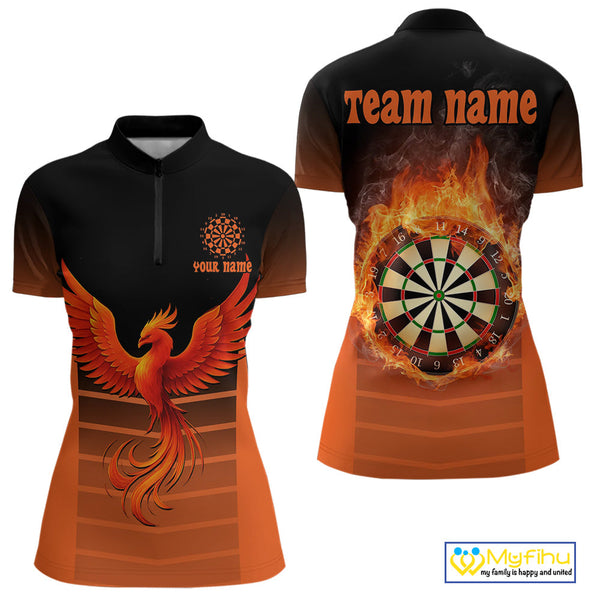 Custom Fire Flame Dartboard Phoenix Dart Team Women Quarter-Zip Shirts, Dart League Shirt NYN0261