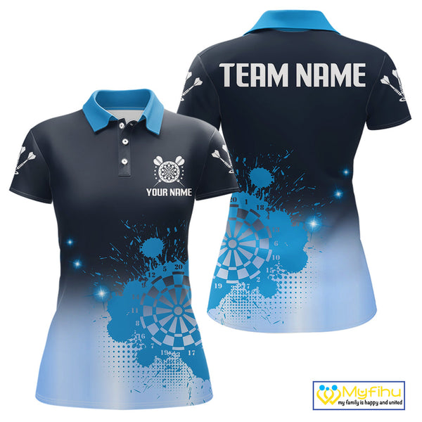 Custom Black And Blue Splatter Dartboard Dart Polo Shirts For Women, Dart Team Shirt NYN0267