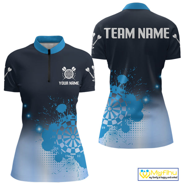 Custom Black And Blue Splatter Dartboard Dart Women Quarter-Zip Shirts, Dart Team Shirt NYN0267