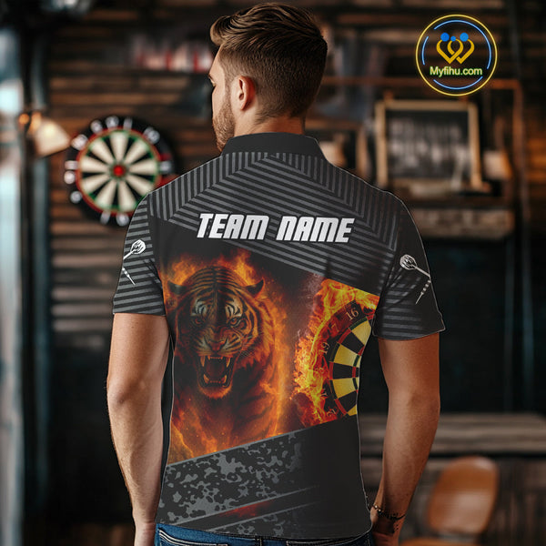 Custom Gray Camo Fire Flame Tiger Dart Team Men Polo Shirts, Dart Tournament Shirt NYN0299