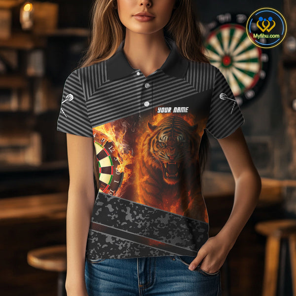 Custom Gray Camo Fire Flame Tiger Dart Team Women Polo Shirts, Dart Tournament Shirt NYN0299