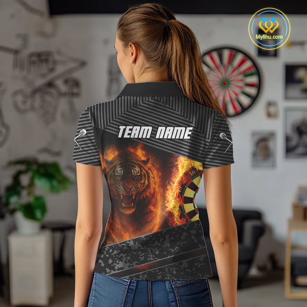 Custom Gray Camo Fire Flame Tiger Dart Team Women Polo Shirts, Dart Tournament Shirt NYN0299
