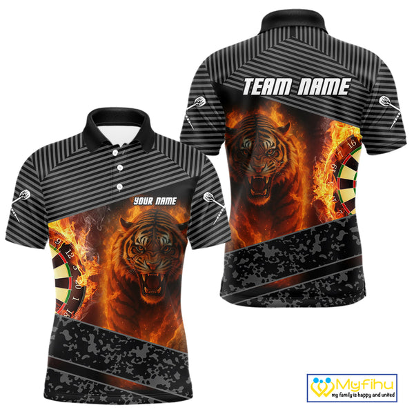 Custom Gray Camo Fire Flame Tiger Dart Team Men Polo Shirts, Dart Tournament Shirt NYN0299
