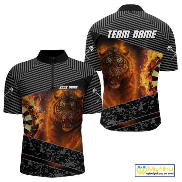 Custom Gray Camo Fire Flame Tiger Dart Team Men Quarter-Zip Shirts, Dart Tournament Shirt NYN0299