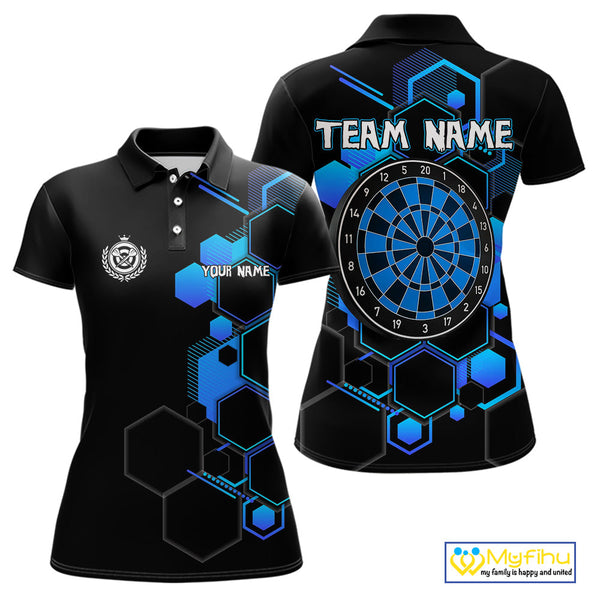 Custom Black And Blue Dartboard Jerseys, Dart Team Polo Shirt For Women NYN0559