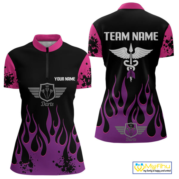 Custom Purple And Pink Flame Dart Wings Dart Quarter-Zip Shirt For Women, Dart Jersey NYN0565