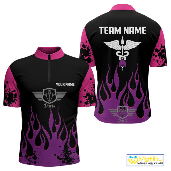 Custom Purple And Pink Flame Dart Wings Dart Quarter-Zip Shirt For Men, Dart Jersey NYN0565