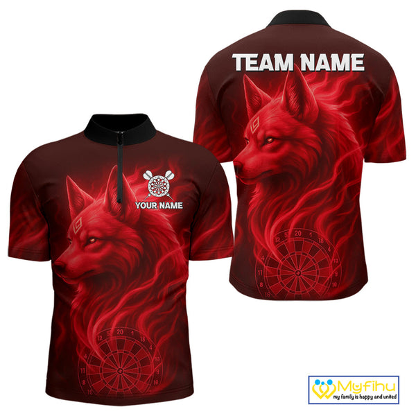 Custom Black And Red Fire Flame Wolf Dart Quarter-Zip Shirt For Men, Dart Jersey NYN0574