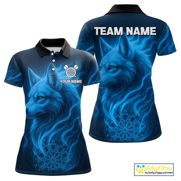 Custom Black And Blue Fire Flame Wolf Dart Polo Shirt For Women, Dart Jersey NYN0575
