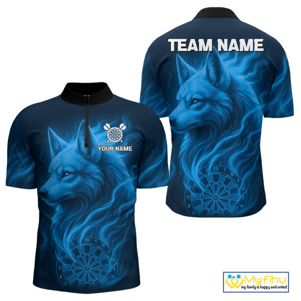 Custom Black And Blue Fire Flame Wolf Dart Quarter-Zip Shirt For Men, Dart Jersey NYN0575