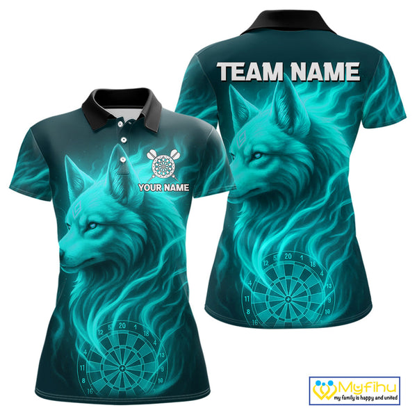 Custom Black And Turquoise Blue Fire Flame Wolf Dart Women Polo Shirt, Dart Jersey NYN0576
