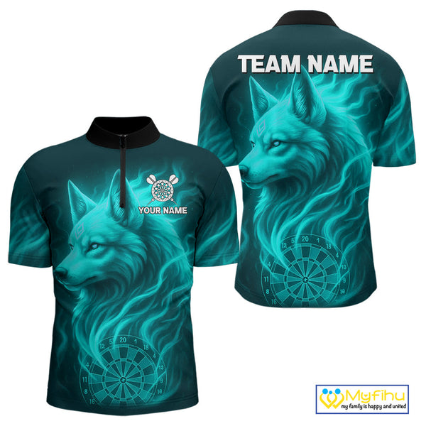 Custom Black And Turquoise Blue Fire Flame Wolf Dart Men Quarter-Zip Shirt, Dart Jersey NYN0576
