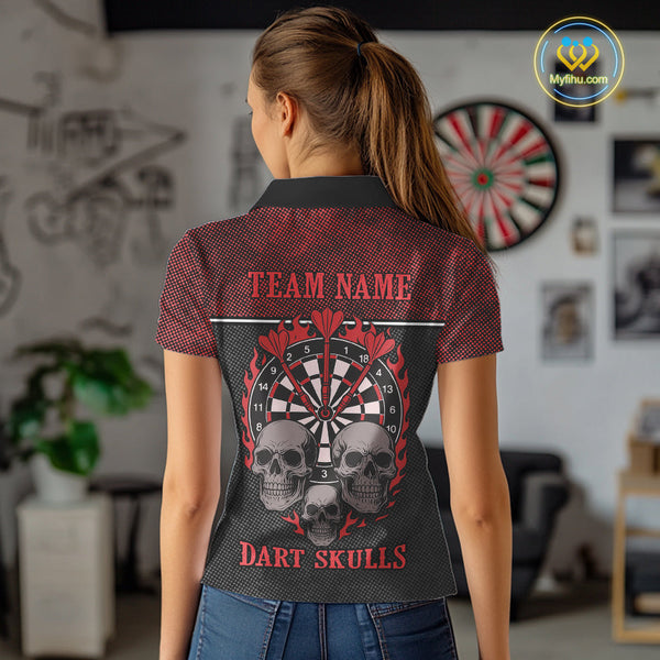 Custom Black And Red Flame Skull Dart Team Women Polo Shirts, Halloween Dart Outfit NYN0314