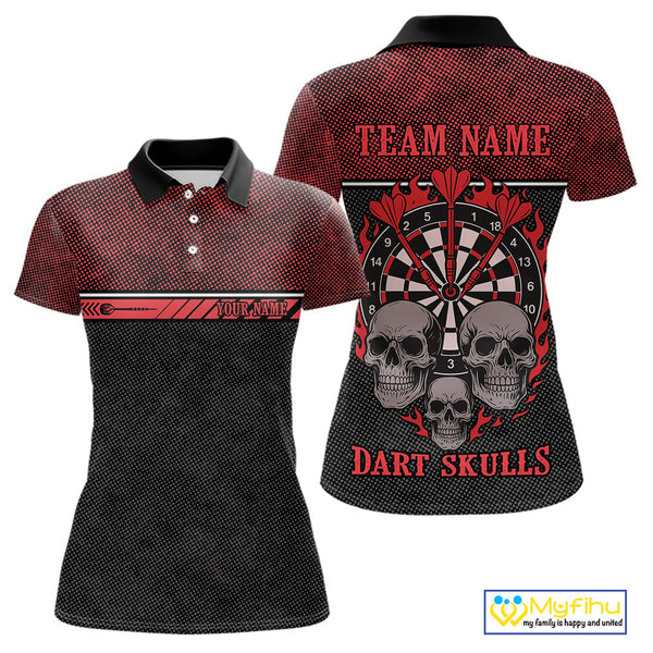 Custom Black And Red Flame Skull Dart Team Women Polo Shirts, Halloween Dart Outfit NYN0314