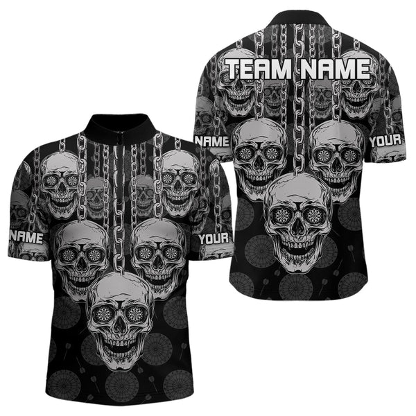 Custom Black And White Dart Skull Team Quarter-Zip Shirts For Men, Halloween Dart Outfit NYN0019