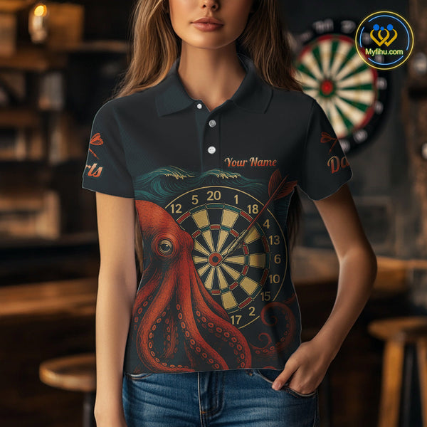 Custom Vintage Red Octopus Dart Polo Shirts For Women, Retro Dart Shirt NYN0344