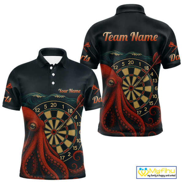 Custom Vintage Red Octopus Dart Polo Shirts For Men, Retro Dart Shirt NYN0344