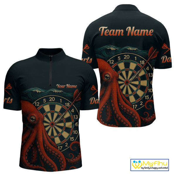 Custom Vintage Red Octopus Dart Quarter-Zip Shirts For Men, Retro Dart Shirt NYN0344