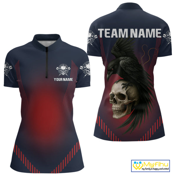 Custom Blue Red Raven And Skull Dart Quarter-Zip Shirts For Women, Halloween Dart Outfit NYN0347