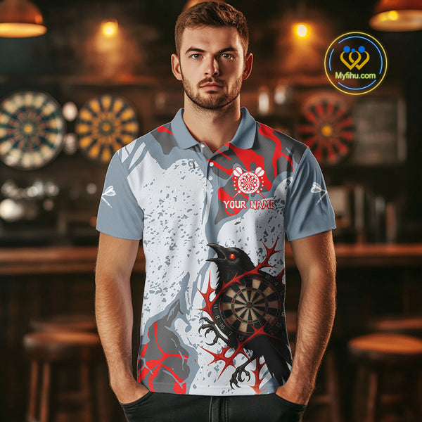 Custom Gray And Red Camo Raven Dart Polo Shirts For Men, Dart Team League Shirt NYN0349