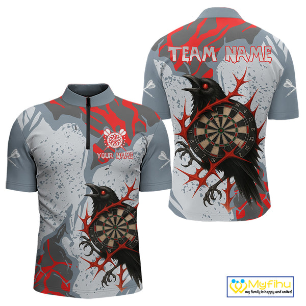 Custom Gray And Red Camo Raven Dart Quarter-Zip Shirts For Men, Dart Team League Shirt NYN0349