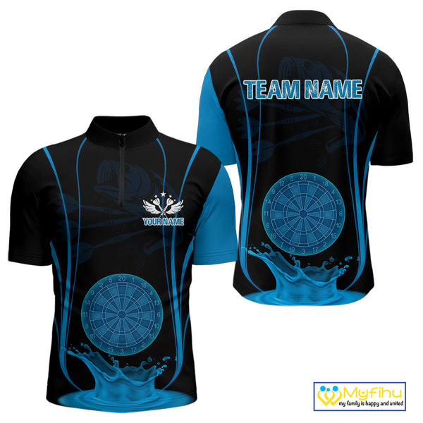 Custom Black And Blue Water Splash Dartboard Dart Team Men Quarter-Zip Shirt, Dart Jerseys NYN0617
