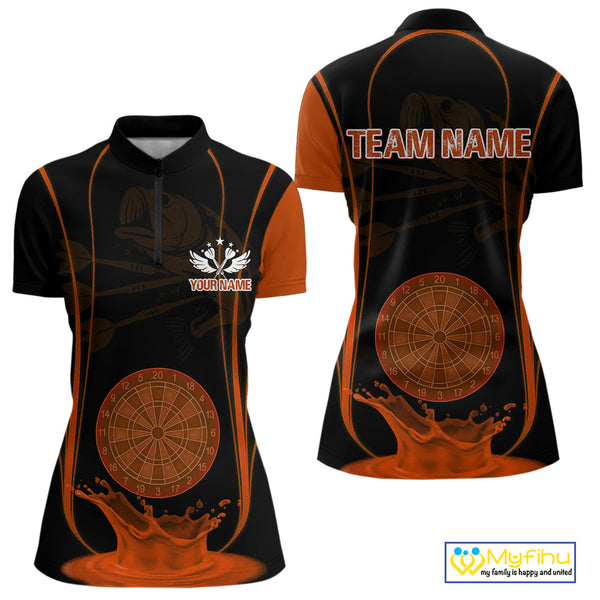 Custom Black And Orange Water Splash Dartboard Dart Women Quarter-Zip Shirt, Dart Jerseys NYN0618
