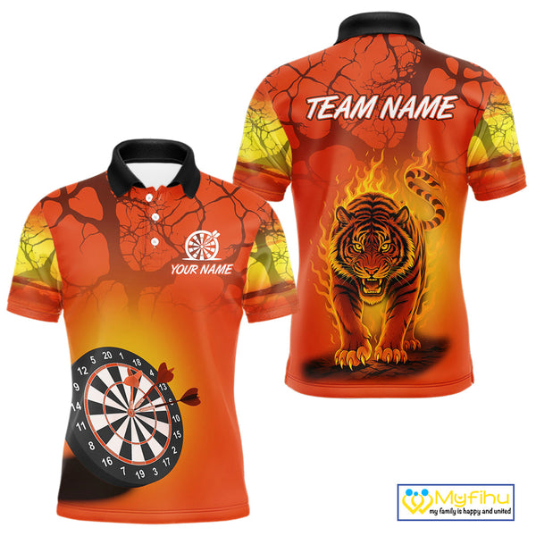 Custom Fire Flame Tiger Dart Team Men Polo Shirts, Tiger Dart Jerseys With Name NYN0357