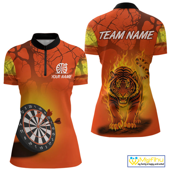 Custom Fire Flame Tiger Dart Team Women Quarter-Zip Shirts, Tiger Dart Jerseys With Name NYN0357