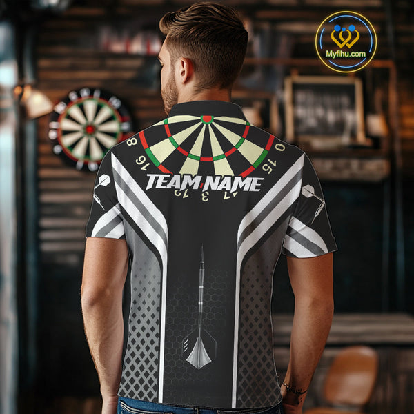 Custom Black And White Dart Jerseys, Dart Team Polo Shirts For Men, Dart League Shirt NYN0361