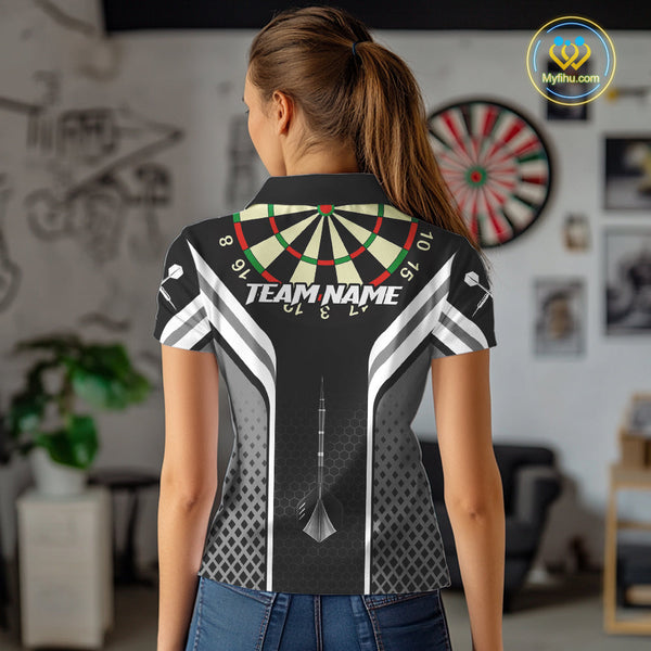 Custom Black And White Dart Jerseys, Dart Team Polo Shirts For Women, Dart League Shirt NYN0361