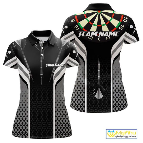 Custom Black And White Dart Jerseys, Dart Team Polo Shirts For Women, Dart League Shirt NYN0361