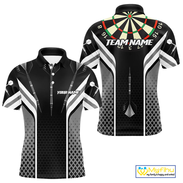 Custom Black And White Dart Jerseys, Dart Team Polo Shirts For Men, Dart League Shirt NYN0361