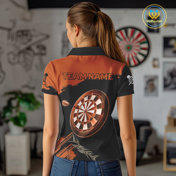Custom Black And Orange Tribal Dart Polo Team Shirts For Women, Orange Dart Jerseys NYN0052