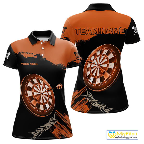 Custom Black And Orange Tribal Dart Polo Team Shirts For Women, Orange Dart Jerseys NYN0052