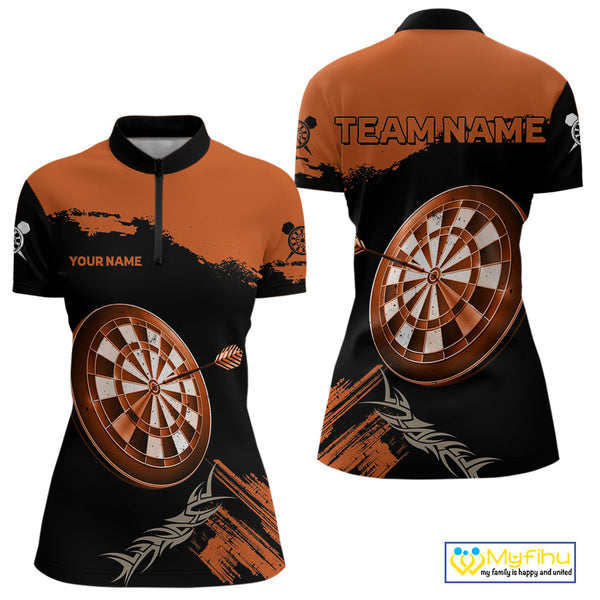 Custom Black And Orange Tribal Dart Quarter-Zip Team Shirts For Women, Orange Dart Jerseys NYN0052